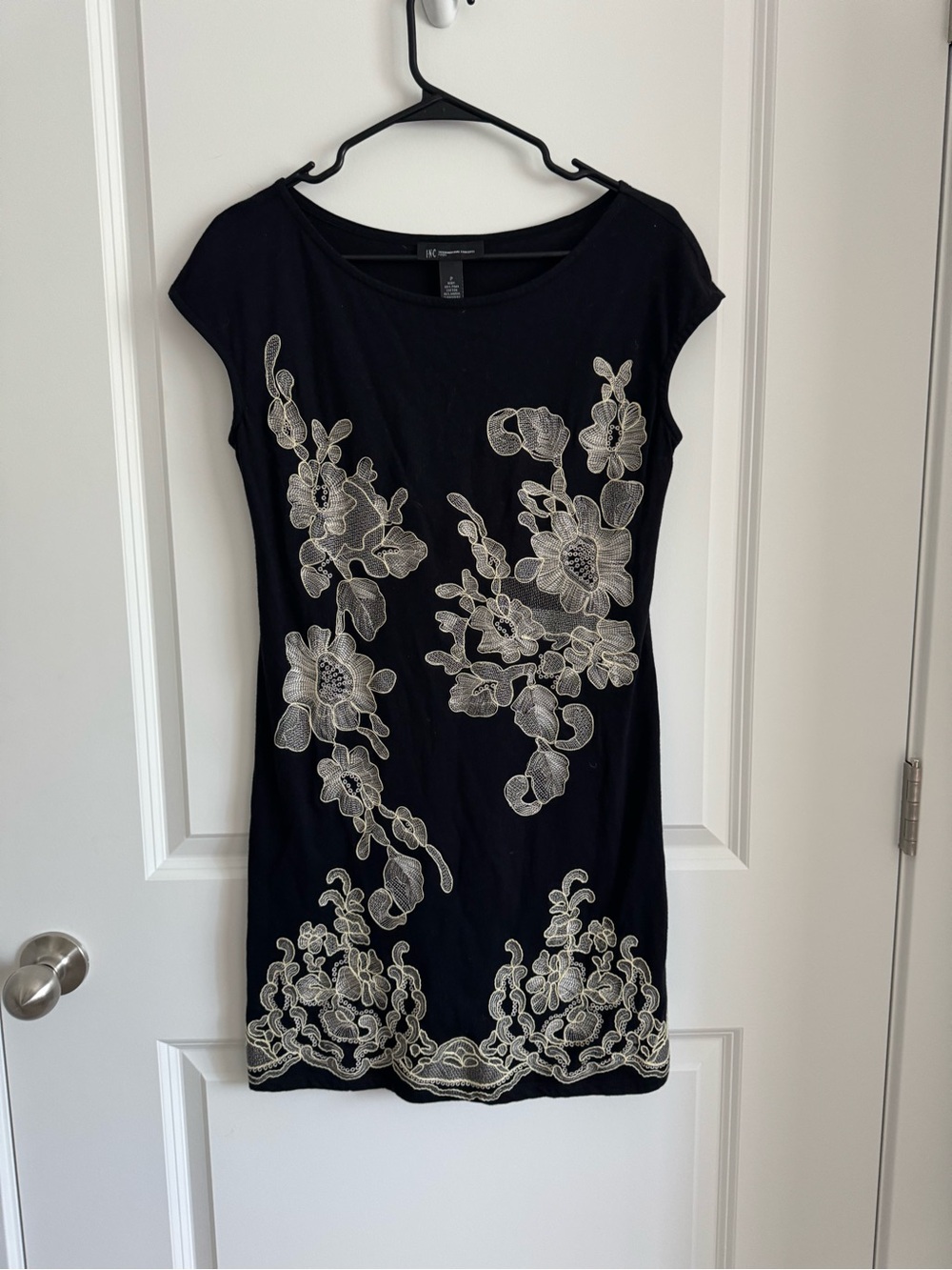 Vintage INC International Concepts Black Mini Dress with Cream Floral Embroidery